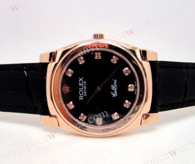 Rolex Cellini Replica Rose Gold Black Diamond Markers Black Leather Japan Grade